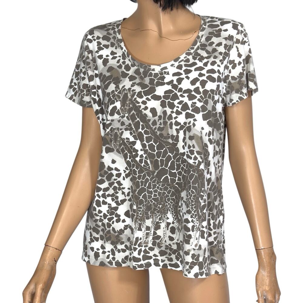 Giraffe Animal Print T-Shirt CHICOS Size 2 / L Short Sleeve Safari Casual Tee